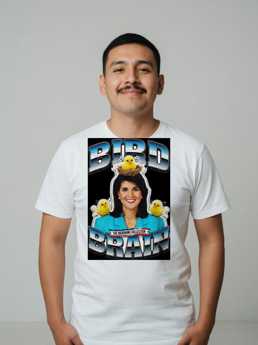 A real person wearing the Birdbrain t-shirt