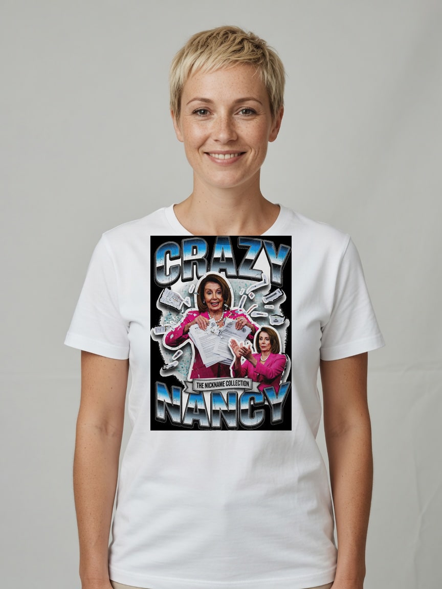 A real person wearing the Crazy Nancy t-shirt