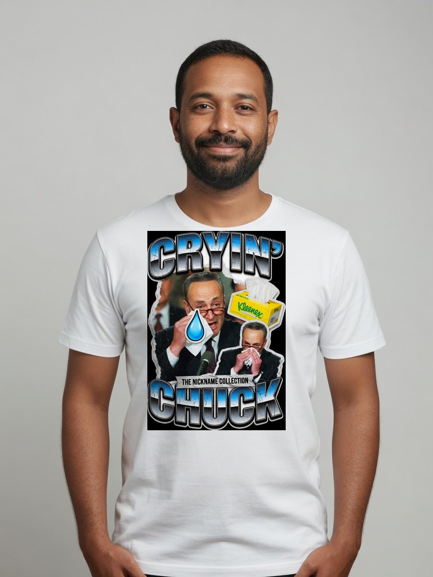 A real person wearing the Cryin' Chuck t-shirt