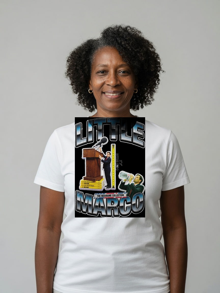 A real person wearing the Little Marco t-shirt