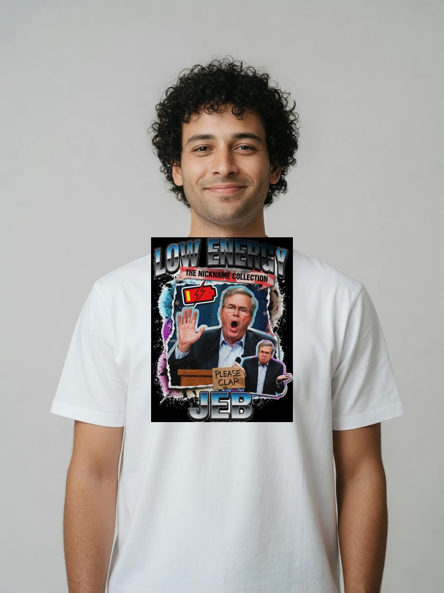 A real person wearing the Low Energy Jeb t-shirt