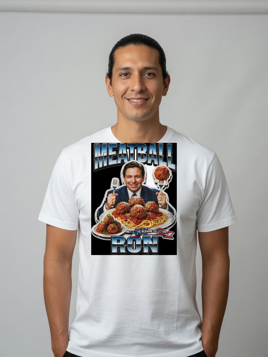 A real person wearing the Meatball Ron t-shirt