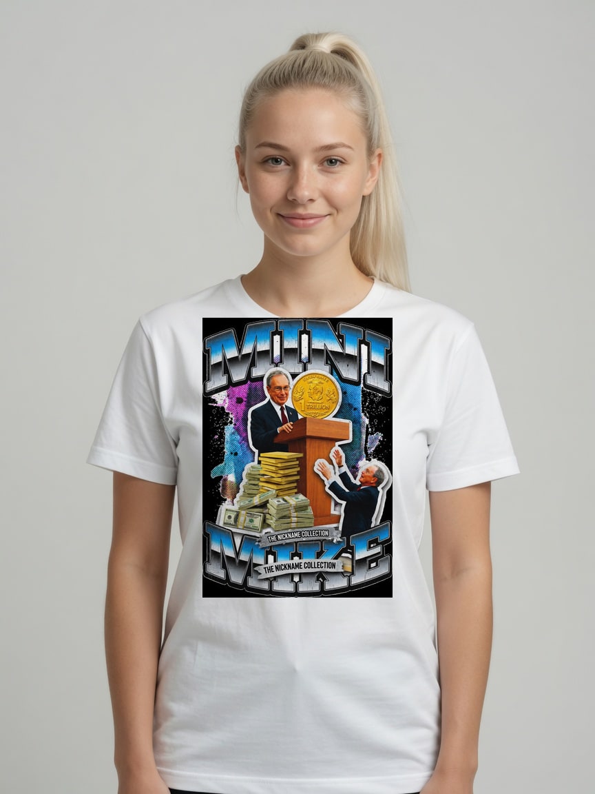 A real person wearing the Mini Mike t-shirt