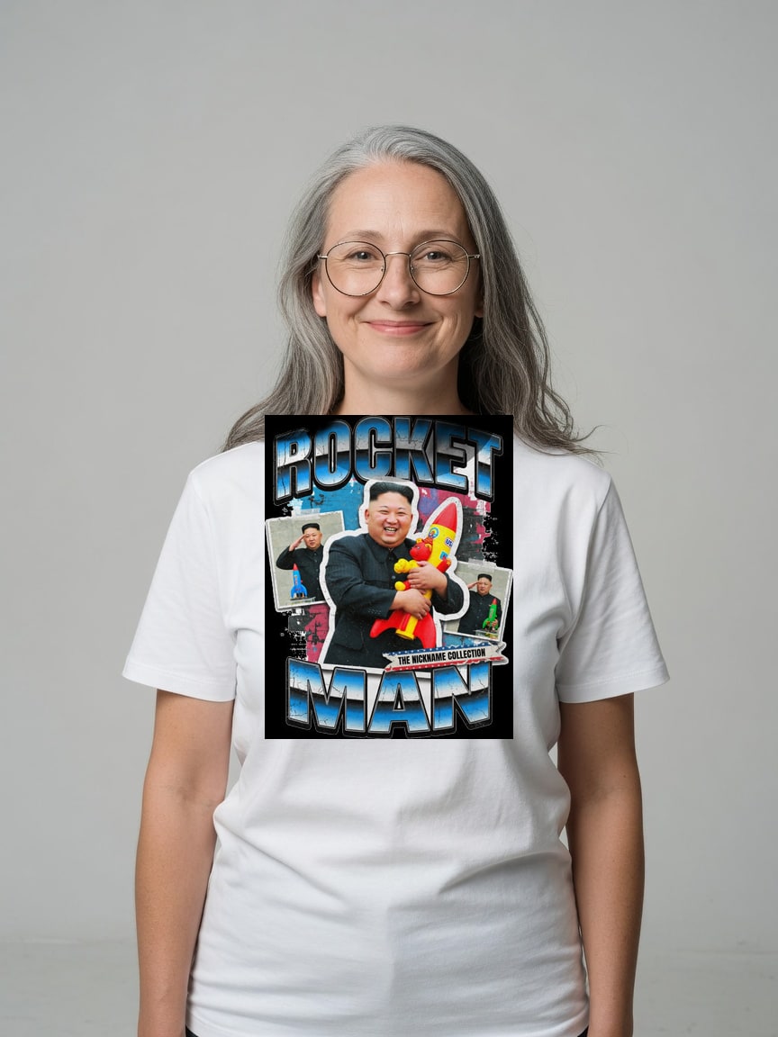 A real person wearing the Rocket Man t-shirt