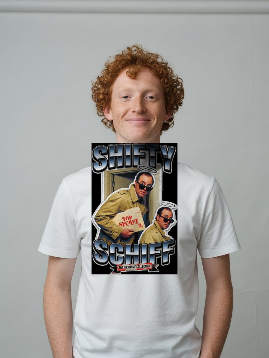 A real person wearing the Shifty Schiff t-shirt