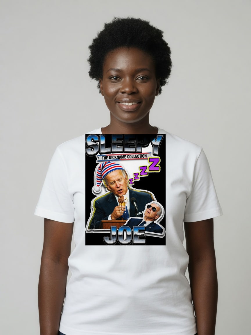 A real person wearing the Sleepy Joe t-shirt