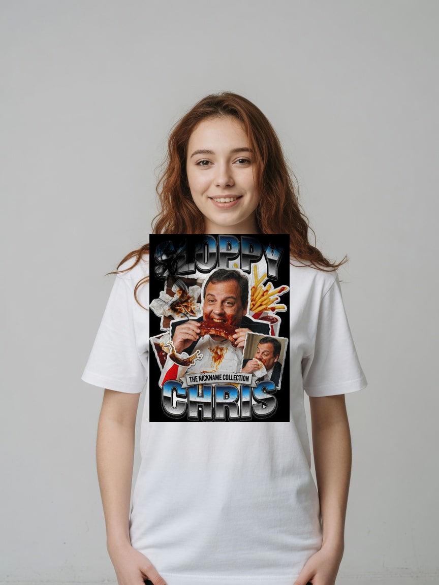A real person wearing the Sloppy Chris t-shirt