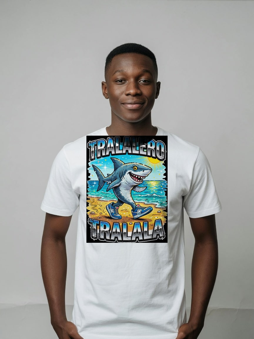 A real person wearing the Tralalero Tralala t-shirt