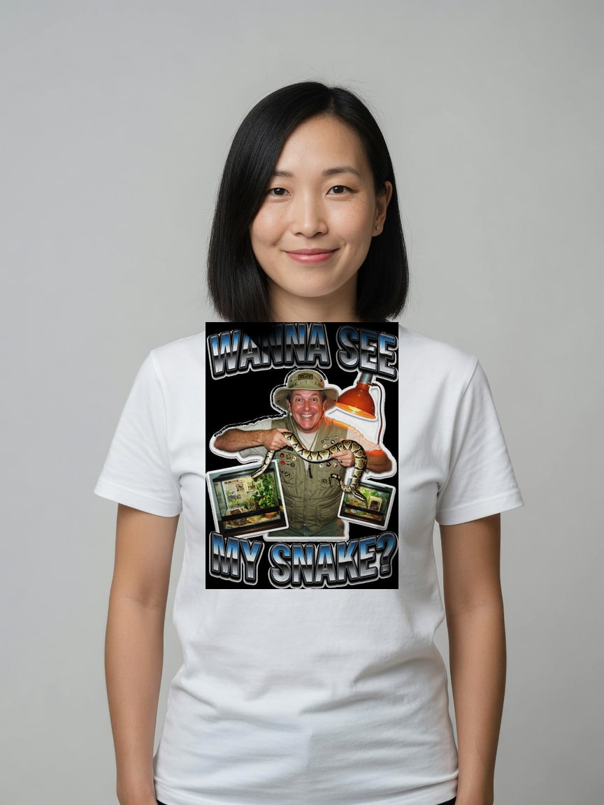 A real person wearing the Wanna See My Snake? t-shirt