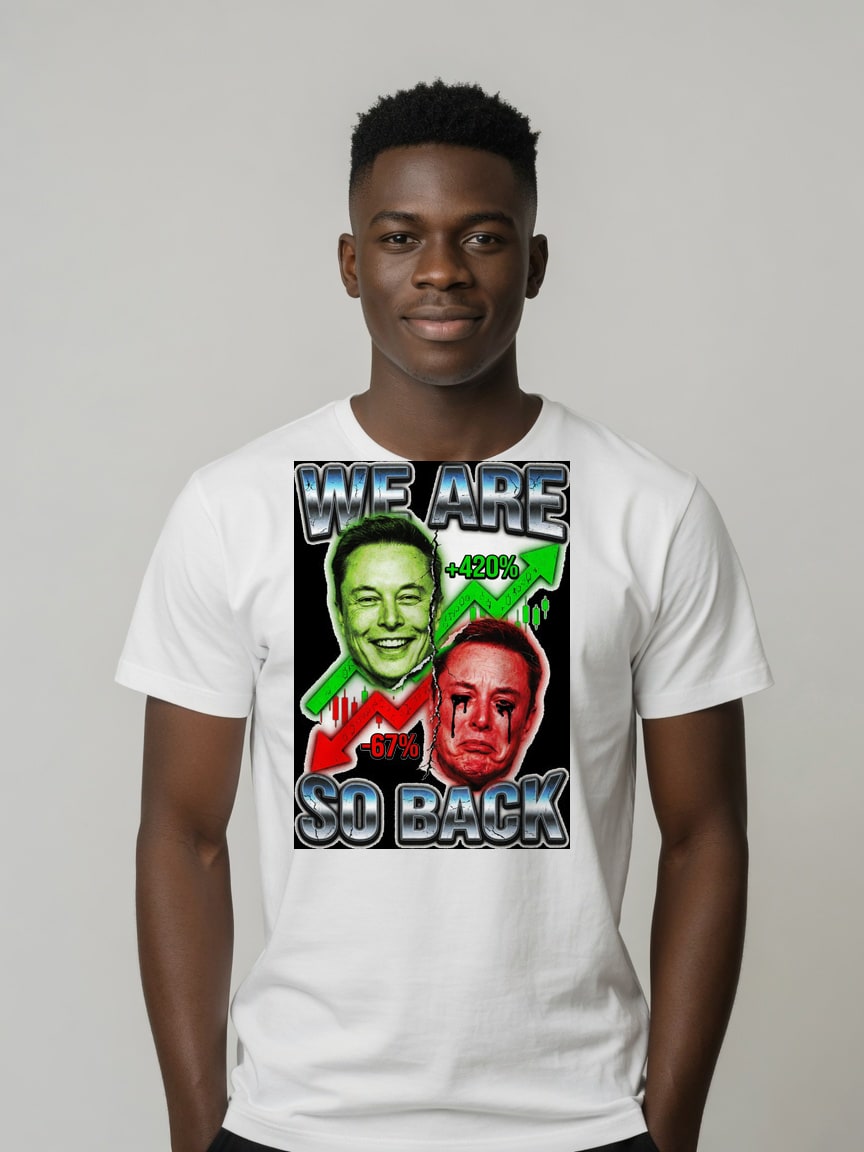 A real person wearing the We Are So Back t-shirt