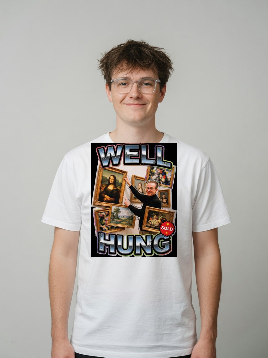 A real person wearing the Well Hung t-shirt