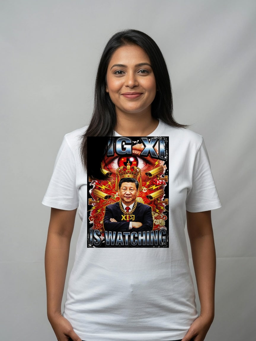 A real person wearing the Big Xi Is Watching t-shirt